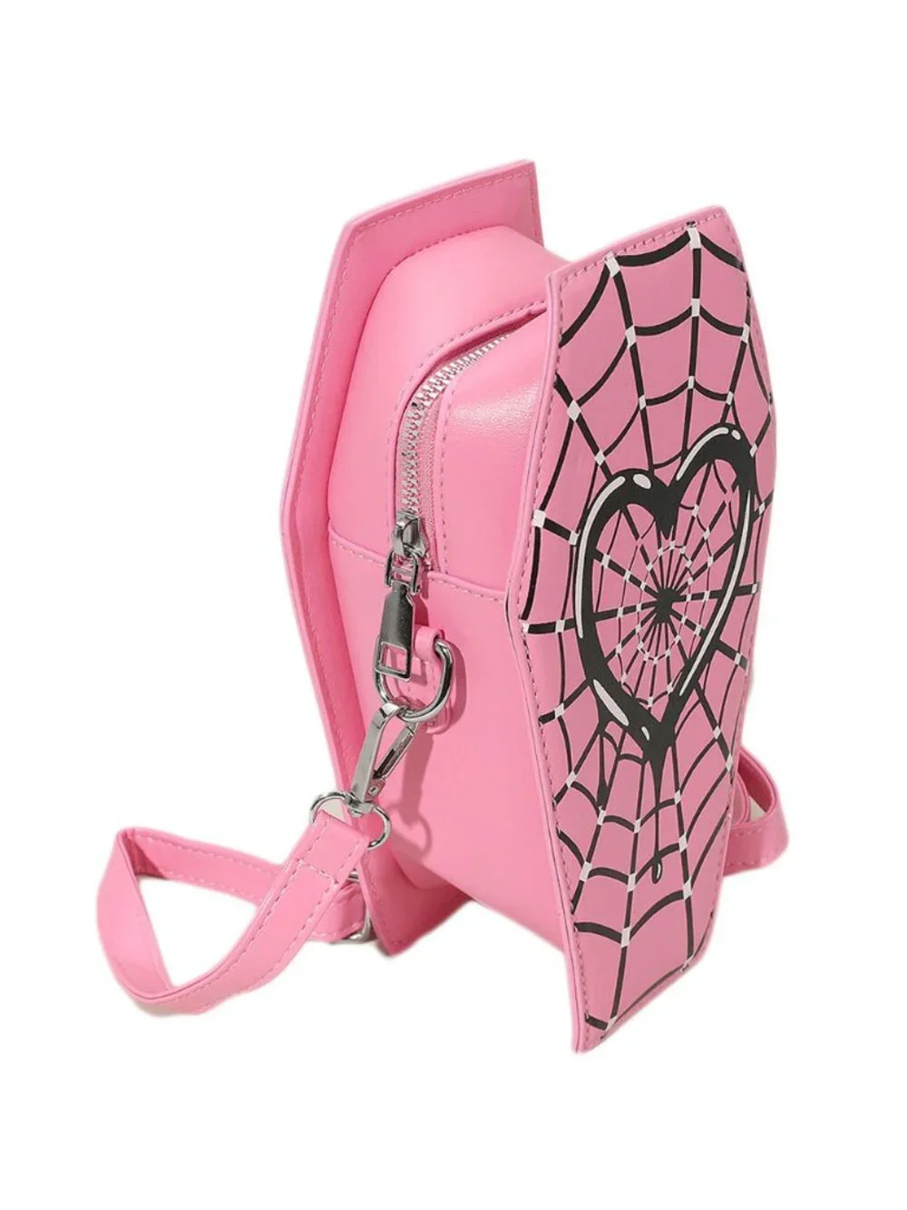 Tigerstars Faux Leather Gothic Heart Spiderweb Printed Coffin Crossbody Bag